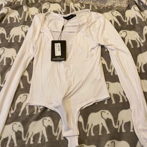 PLT White Plunge Longsleeve Bodysuit